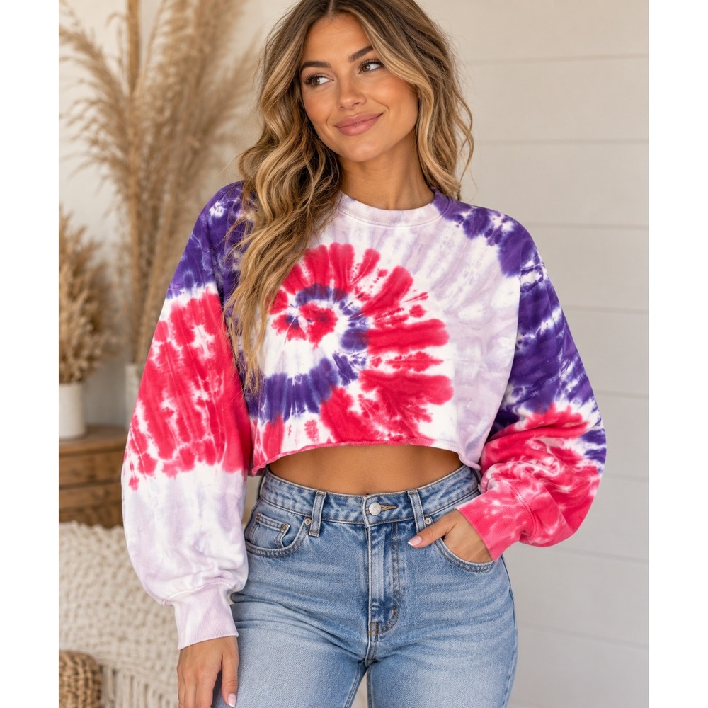 Aritzia TNA CozyAF Fleece Tie Dye Cropped Crewneck Sweater SZ 3/XL Purple Pink
